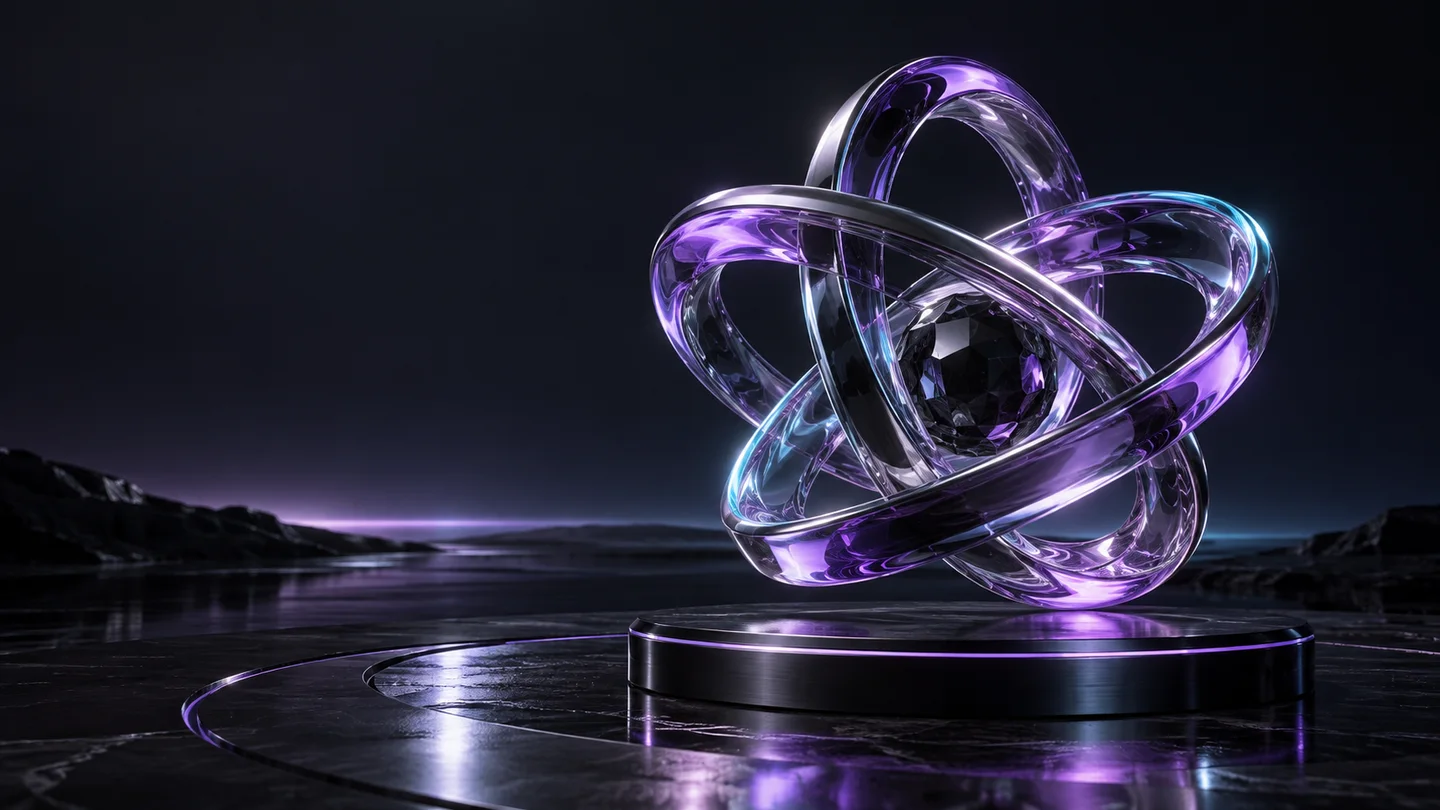 Escultura de anéis conectados em vidro roxo